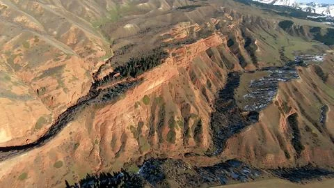 Panoramic drone view of nature landscape with mountains and forest Fotos Stock