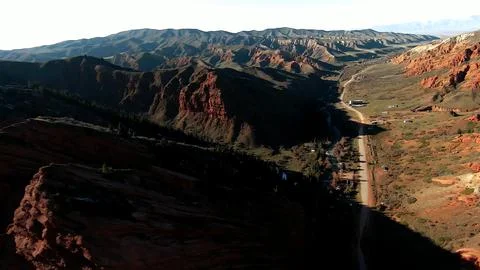 Panoramic drone view of nature landscape with mountains and forest Fotos de archivo
