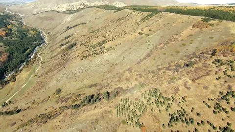 Panoramic drone view of nature landscape with mountains and forest Stock-Fotos