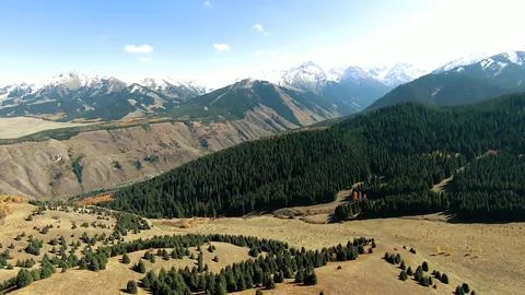 Panoramic drone view of nature landscape with mountains and forest Stock Photos