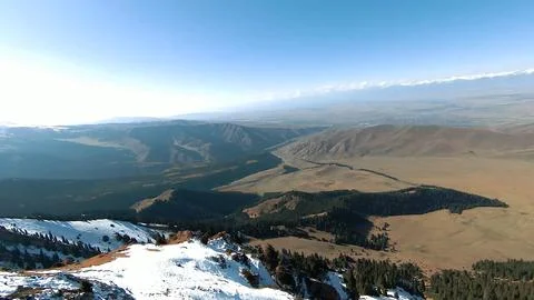 Panoramic drone view of nature landscape with mountains and forest Stock-Fotos