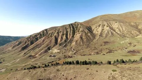 Panoramic drone view of nature landscape with mountains and forest Fotos Stock