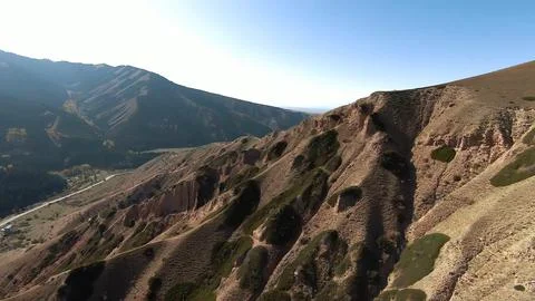 Panoramic drone view of nature landscape with mountains and forest Stock Photos
