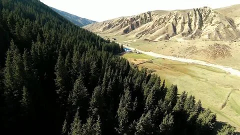 Panoramic drone view of nature landscape with mountains and forest Fotos Stock