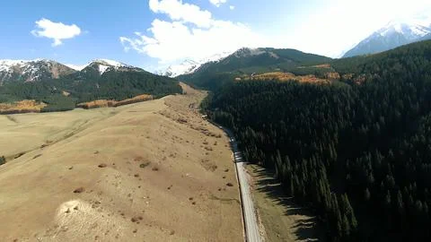 Panoramic drone view of nature landscape with mountains and forest 스톡 사진