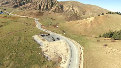 Panoramic drone view of nature landscape with mountains and forest 스톡 사진