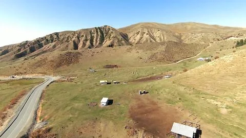 Panoramic drone view of nature landscape with mountains and forest Fotos de archivo