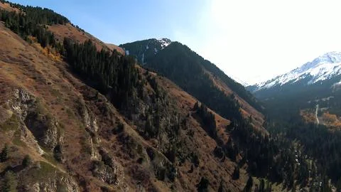 Panoramic drone view of nature landscape with mountains and forest Stockfoto's