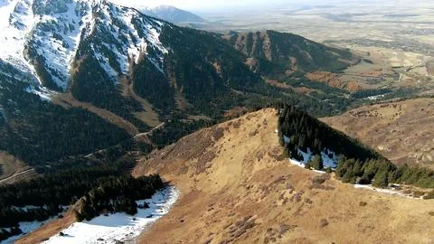 Panoramic drone view of nature landscape with mountains and forest Photos