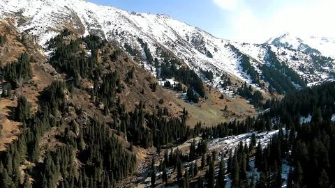 Panoramic drone view of nature landscape with mountains and forest Stock-Fotos
