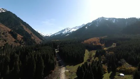 Panoramic drone view of nature landscape with mountains and forest 스톡 사진