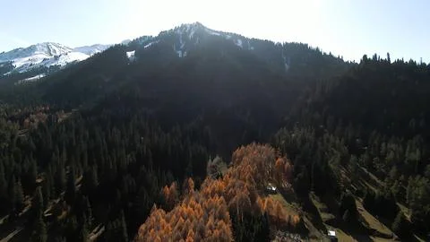Panoramic drone view of nature landscape with mountains and forest Stock Photos