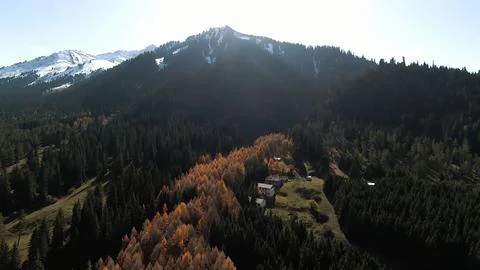 Panoramic drone view of nature landscape with mountains and forest Stock Photos