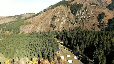 Panoramic drone view of nature landscape with mountains and forest Stock Photos