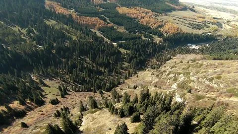 Panoramic drone view of nature landscape with mountains and forest Fotos Stock