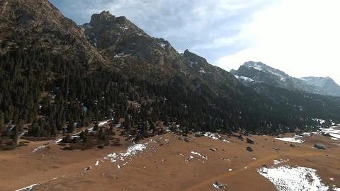 Panoramic drone view of nature landscape with mountains and forest 写真素材