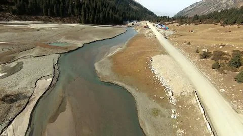 Panoramic drone view of nature landscape with mountains and forest Фото