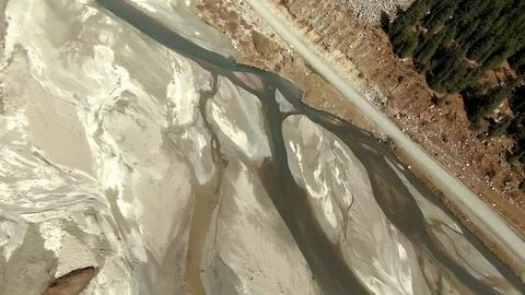 Panoramic drone view of nature landscape with mountains and forest Stockfoto's