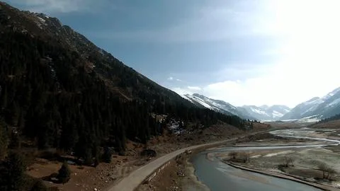 Panoramic drone view of nature landscape with mountains and forest 스톡 사진
