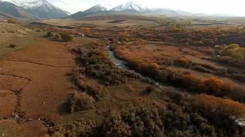Panoramic drone view of nature landscape with mountains and forest Stock Photos