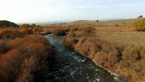 Panoramic drone view of nature landscape with mountains and forest Stock-Fotos