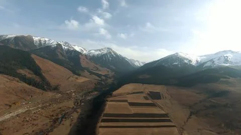 Panoramic drone view of nature landscape with mountains and forest Stock Photos
