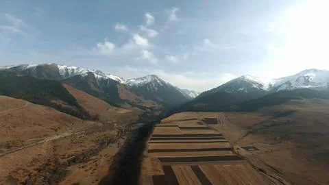 Panoramic drone view of nature landscape with mountains and forest Stock Photos