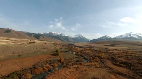 Panoramic drone view of nature landscape with mountains and forest 스톡 사진