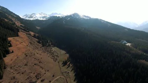 Panoramic drone view of nature landscape with mountains and forest Stock Photos
