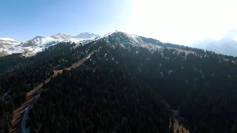 Panoramic drone view of nature landscape with mountains and forest Stockfoto's