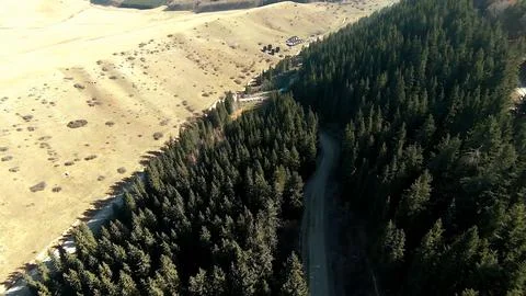 Panoramic drone view of nature landscape with mountains and forest Fotos Stock