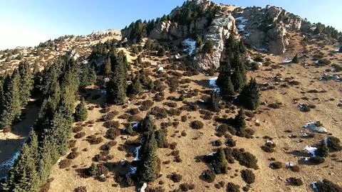 Panoramic drone view of nature landscape with mountains and forest Fotos Stock