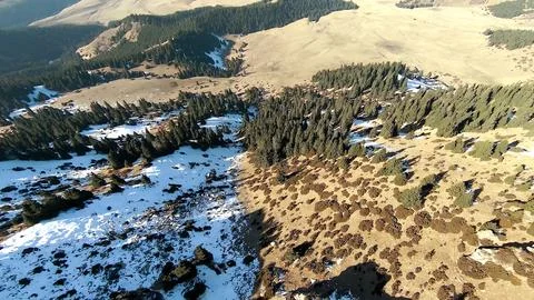 Panoramic drone view of nature landscape with mountains and forest Stock Photos