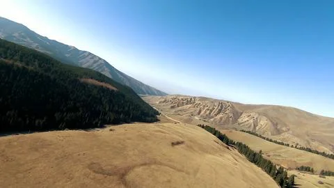 Panoramic drone view of nature landscape with mountains and forest Stock Photos