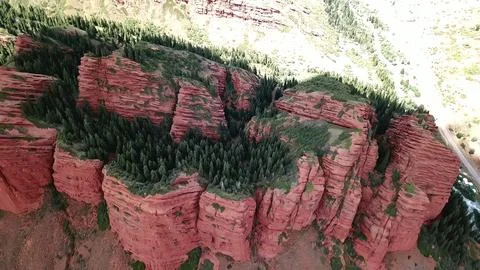 Panoramic drone view of nature landscape with mountains and forest Stock Photos