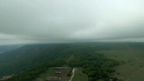 Panoramic drone view of nature landscape with mountains and forest Foto stock