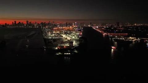 Panoramic drone view over Miami Harbor at dusk Stock Footage 328119407