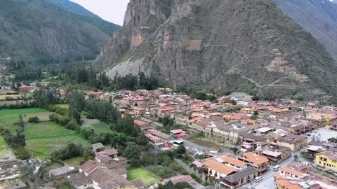 Panoramic drone view over Ollantaytambo, Peru Stock Footage 288131696