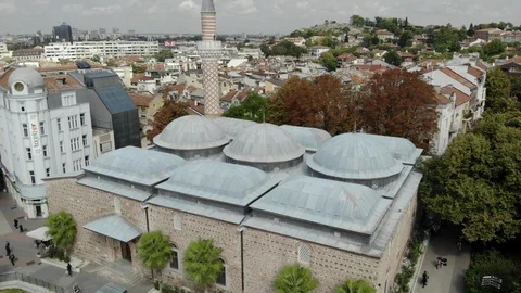 Panoramic (drone) view of Plovdiv's mosque to the Ancient Stadium Stock Footage 119280112