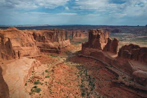 Panoramic drone view of the rock formations in Arches National Park in Utah Fotos de archivo