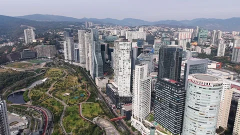 Panoramic drone view of Santa Fe, Mexico City. La Mexicana Park and buildings Vídeos de archivo 305230666