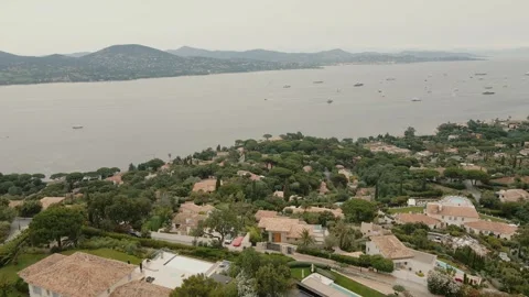 Panoramic Drone View of Sea, Yachts, and Hilltop Villas in France Stock Footage 308538026