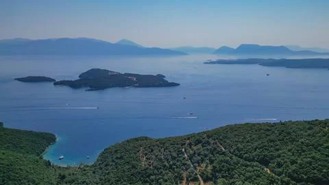 Panoramic drone view of Skorpios and Meganisi islands in Ionian Sea off eas.. Stock Photos