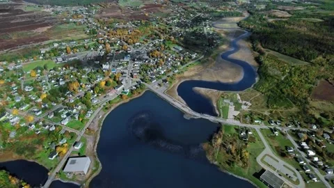 Panoramic drone view of small town near Parrsboro harbour, Nova Scotia, Canada Video stock 159979086