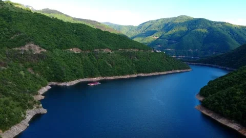 Panoramic drone view of the stunning Vacha Reservoir in Bulgaria Stock Footage 310936521