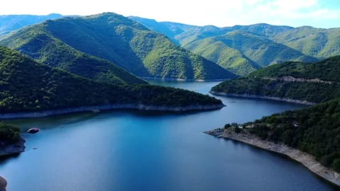 Panoramic drone view of the stunning Vacha Reservoir in Bulgaria Stock Footage 310936583
