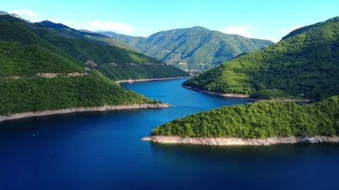 Panoramic drone view of the stunning Vacha Reservoir in Bulgaria Stock Footage 310936659