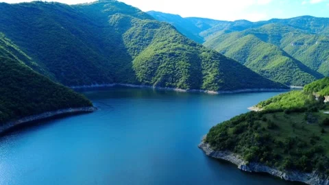 Panoramic drone view of the stunning Vacha Reservoir in Bulgaria Stock Footage 310936663