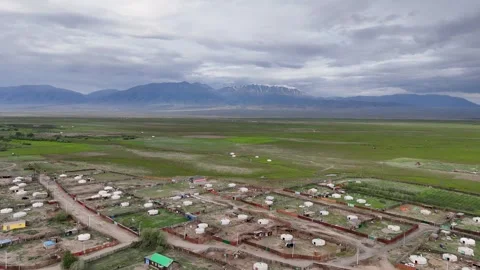 Panoramic Drone View of Ulaangom Town with Yurt Region in Western Mongolia Stockbeeldmateriaal 347216604