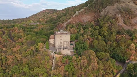 Panoramic drone view of Visegrád Lower Castle and Salamon Tower fortress Stock Footage 345983973